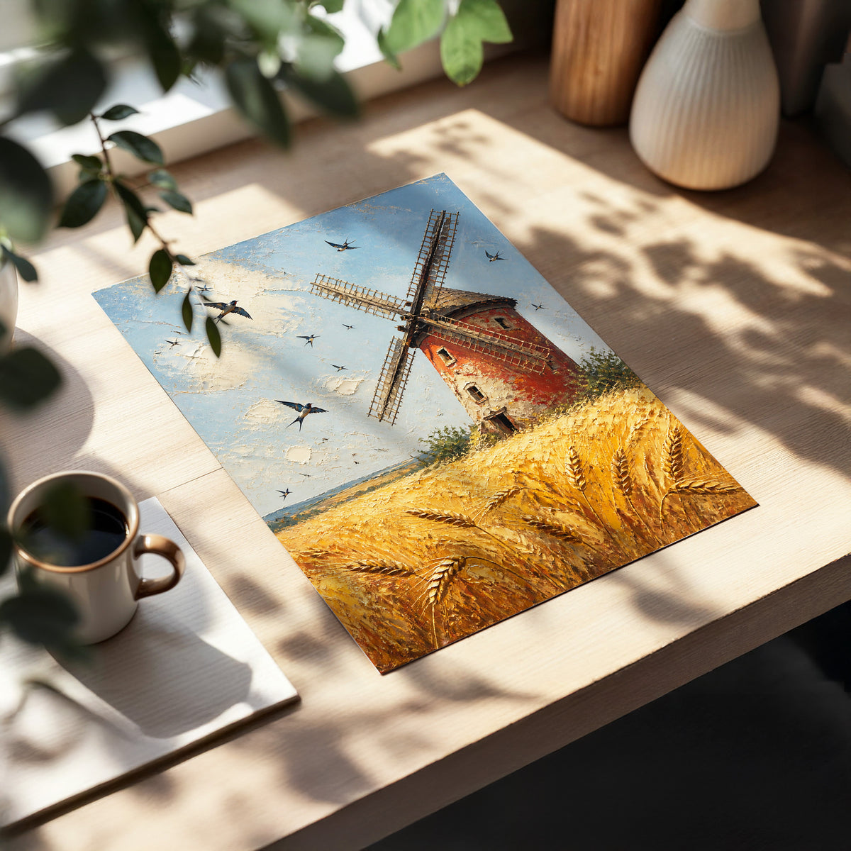Swallows Over Golden Fields, gold, blue, red nature wall art displayed in a styled interior, gallery view 2
