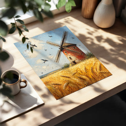 Swallows Over Golden Fields, gold, blue, red nature wall art displayed in a styled interior, gallery view 2