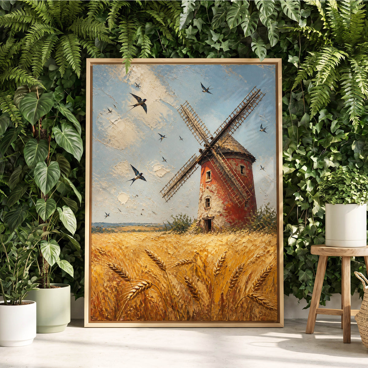 Swallows Over Golden Fields, gold, blue, red nature wall art displayed in a styled interior, gallery view 3
