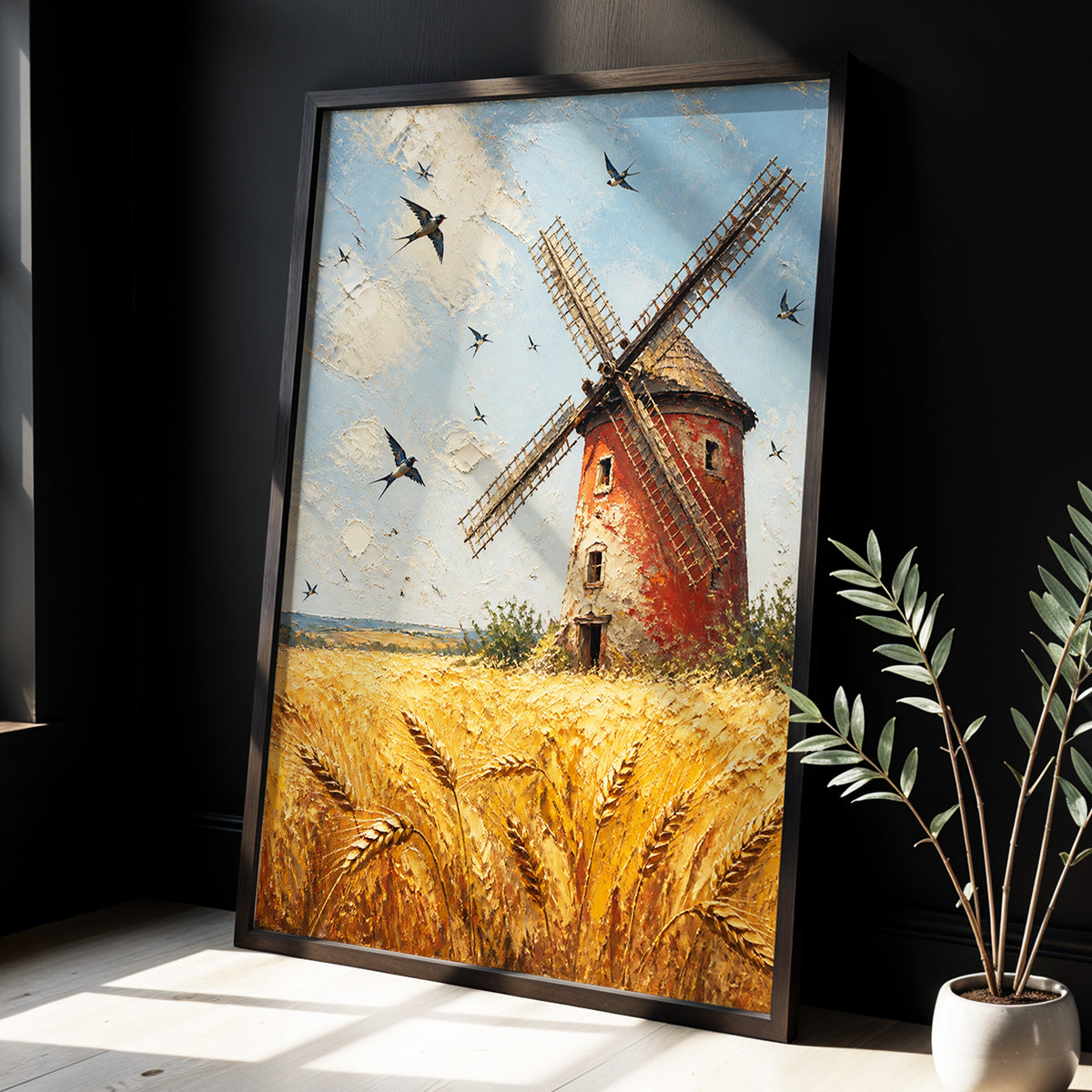 Swallows Over Golden Fields, gold, blue, red nature wall art displayed in a styled interior, gallery view 4