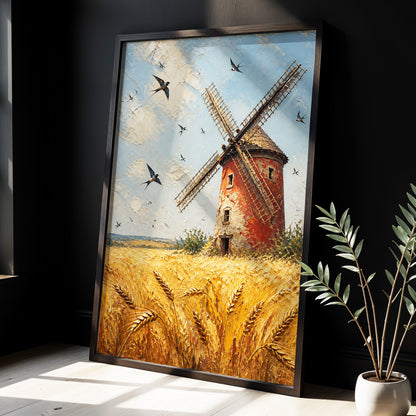 Swallows Over Golden Fields, gold, blue, red nature wall art displayed in a styled interior, gallery view 4