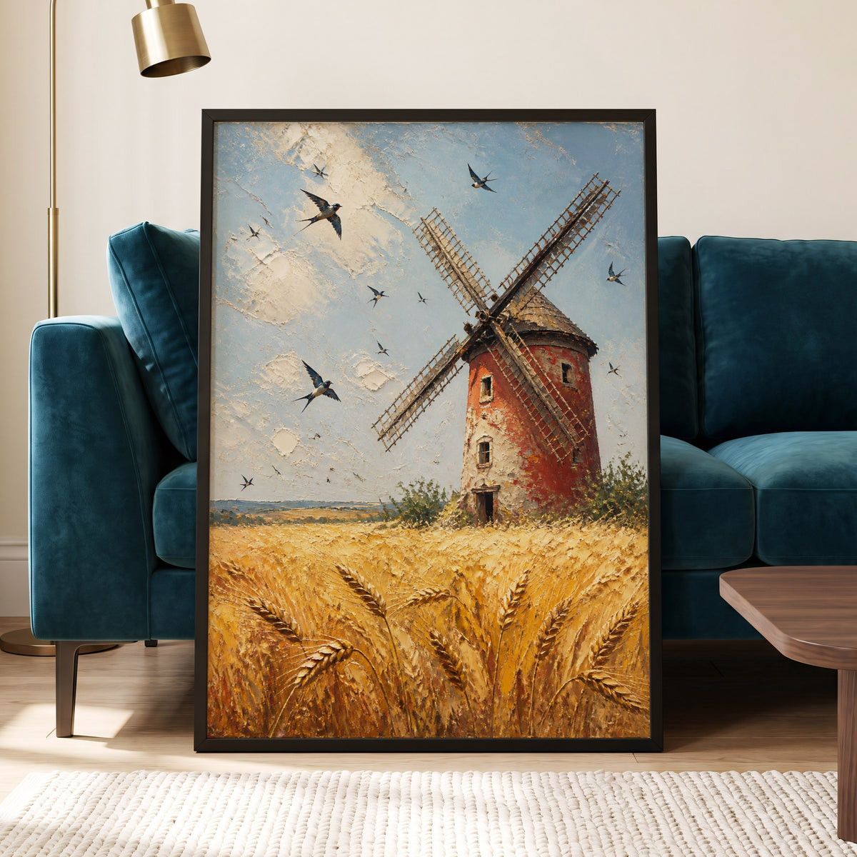 Swallows Over Golden Fields, gold, blue, red nature wall art displayed in a styled interior, gallery view 5
