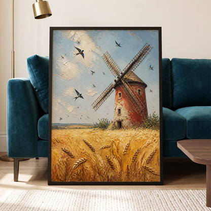 Swallows Over Golden Fields, gold, blue, red nature wall art displayed in a styled interior, gallery view 5
