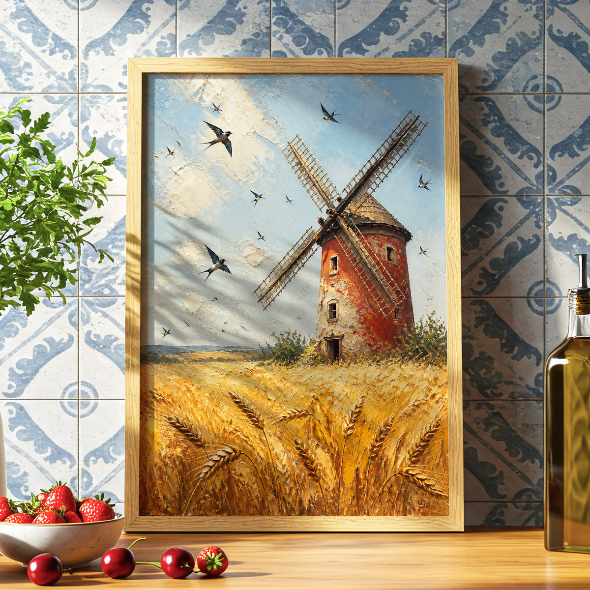 Swallows Over Golden Fields, gold, blue, red nature wall art displayed in a styled interior, gallery view 6