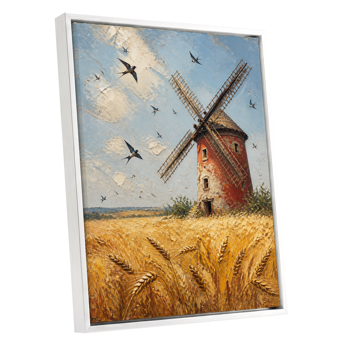 Swallows Over Golden Fields, gold, blue, red nature wall art shown as a white framed canvas wall art