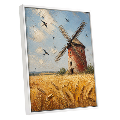 Swallows Over Golden Fields, gold, blue, red nature wall art shown as a white framed canvas wall art
