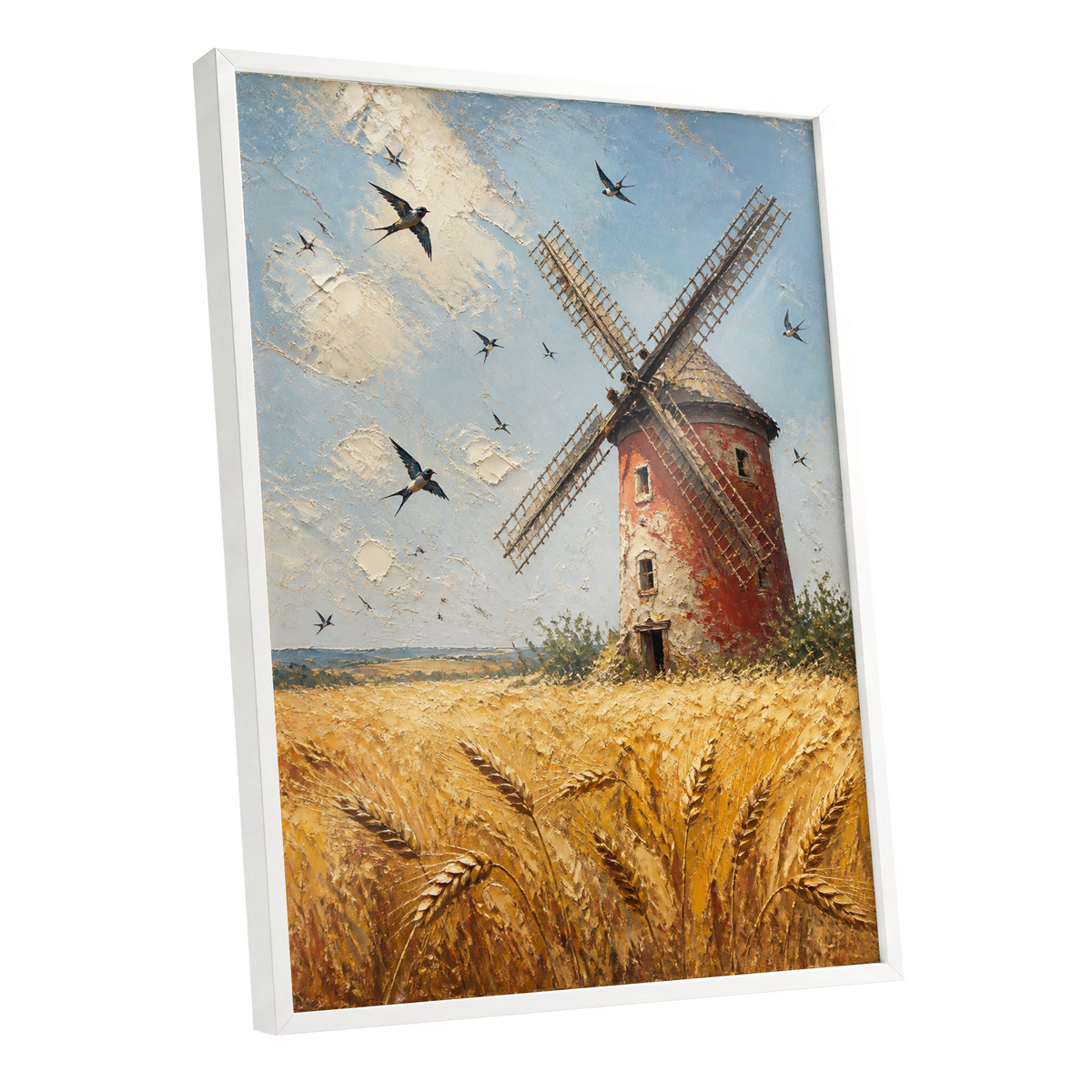 Swallows Over Golden Fields, gold, blue, red nature wall art shown as a white framed poster wall art print