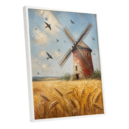 Swallows Over Golden Fields, gold, blue, red nature wall art shown as a white framed poster wall art print