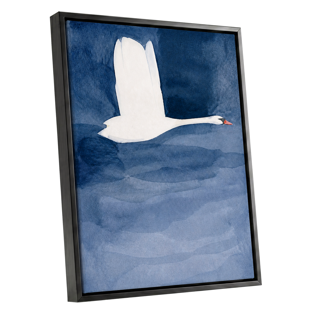 Swan in Blue Silence, blue, white, black nature wall art shown as a black framed canvas wall art