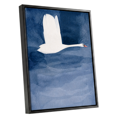 Swan in Blue Silence, blue, white, black nature wall art shown as a black framed canvas wall art