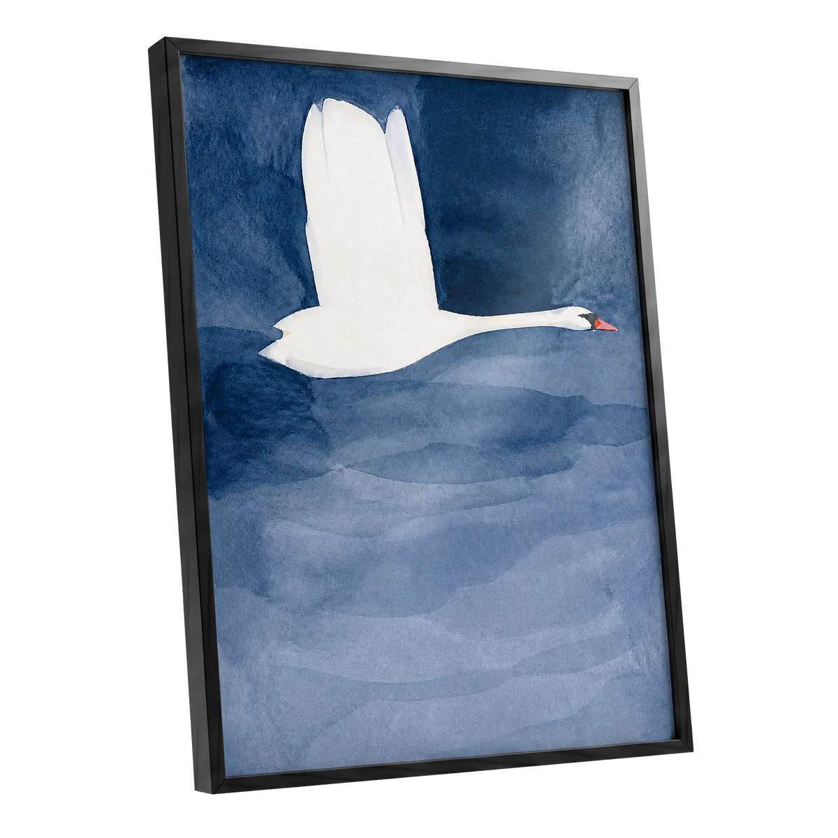Swan in Blue Silence, blue, white, black nature wall art shown as a black framed poster wall art print