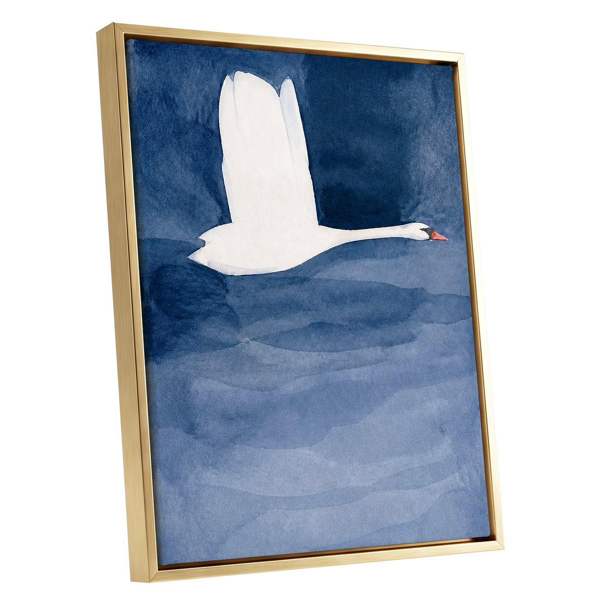 Swan in Blue Silence, blue, white, black nature wall art shown as a gold framed canvas wall art
