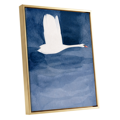 Swan in Blue Silence, blue, white, black nature wall art shown as a gold framed canvas wall art