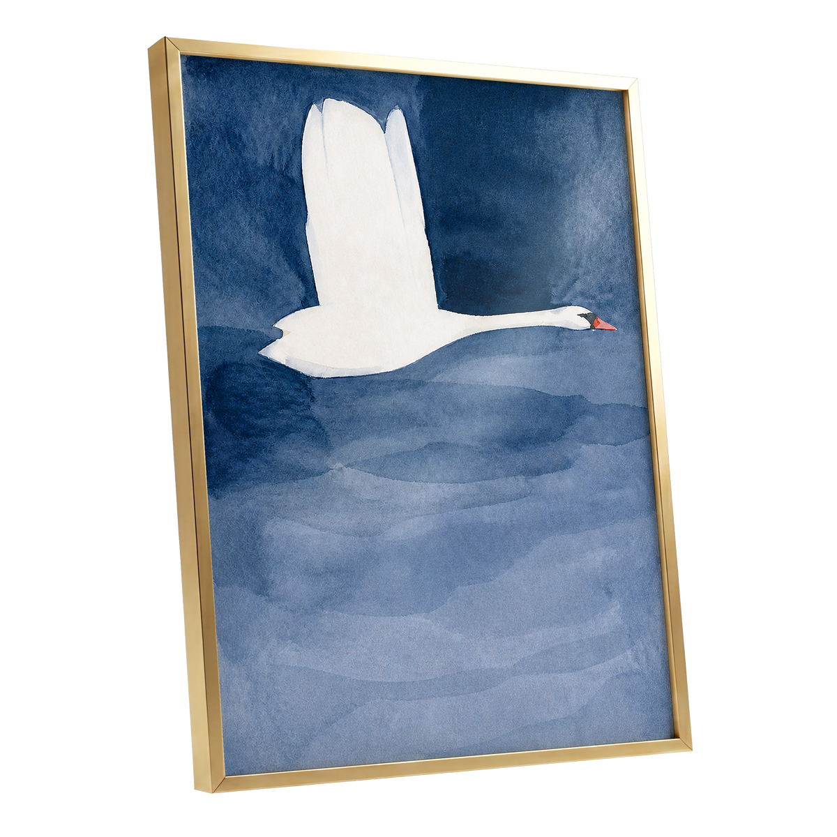 Swan in Blue Silence, blue, white, black nature wall art shown as a gold framed poster wall art print