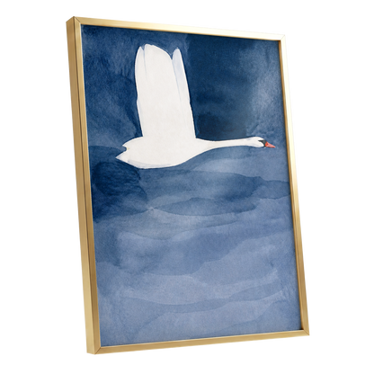 Swan in Blue Silence, blue, white, black nature wall art shown as a gold framed poster wall art print