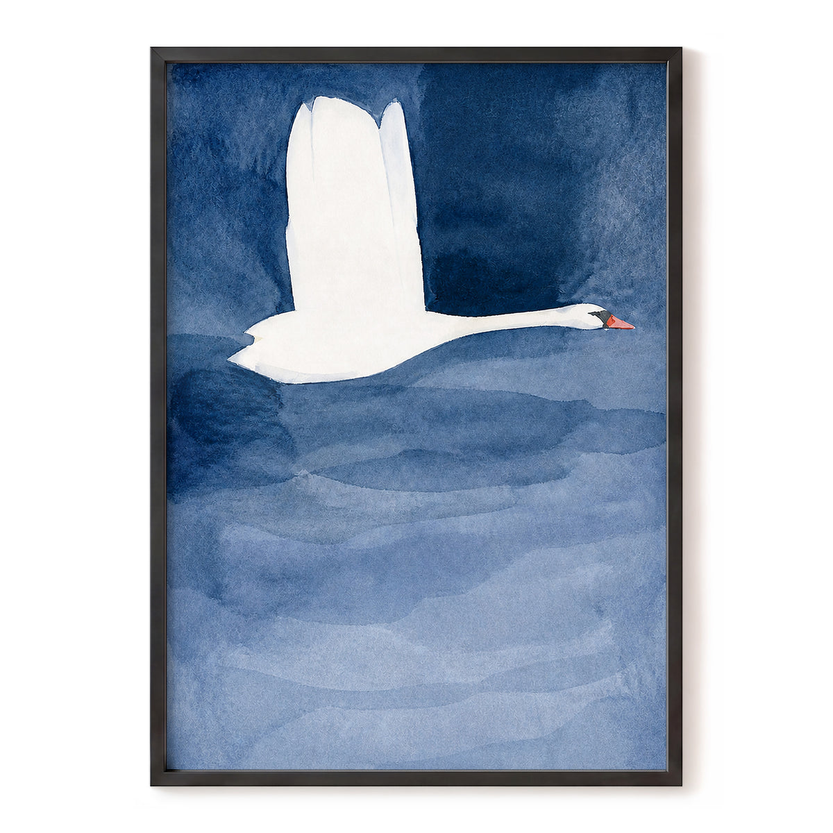 Swan in Blue Silence, blue, white, black nature wall art, front artwork view