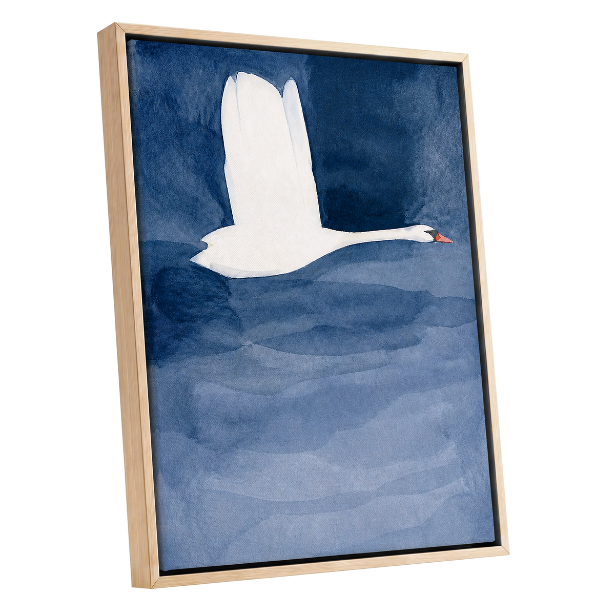 Swan in Blue Silence, blue, white, black nature wall art shown as a oak framed canvas wall art