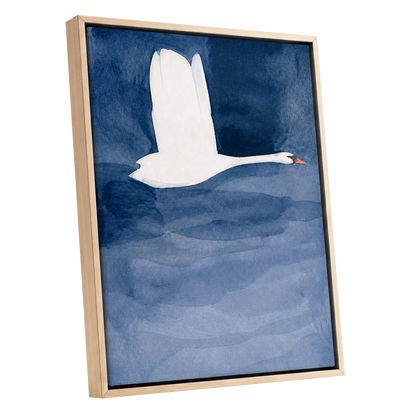 Swan in Blue Silence, blue, white, black nature wall art shown as a oak framed canvas wall art