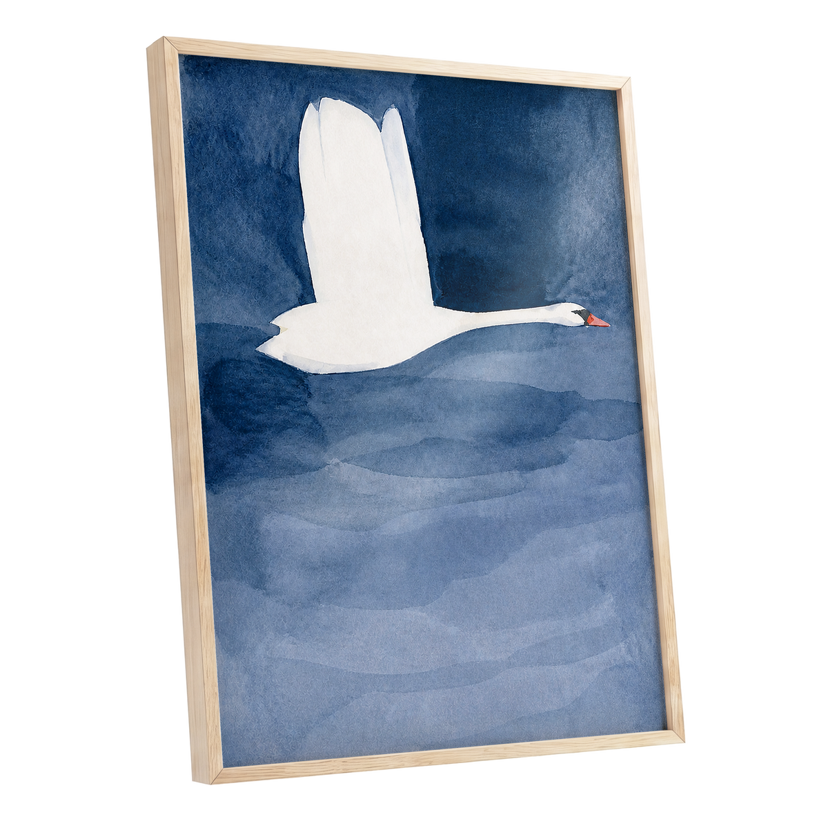 Swan in Blue Silence, blue, white, black nature wall art shown as a oak framed poster wall art print