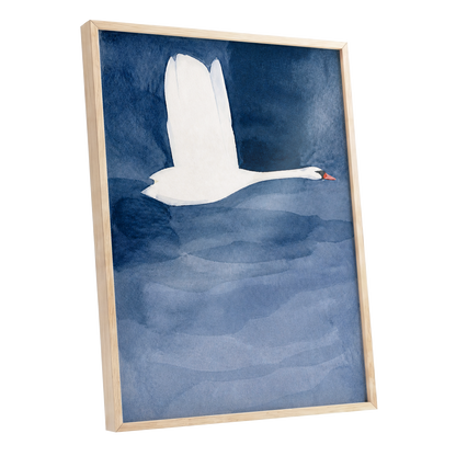 Swan in Blue Silence, blue, white, black nature wall art shown as a oak framed poster wall art print