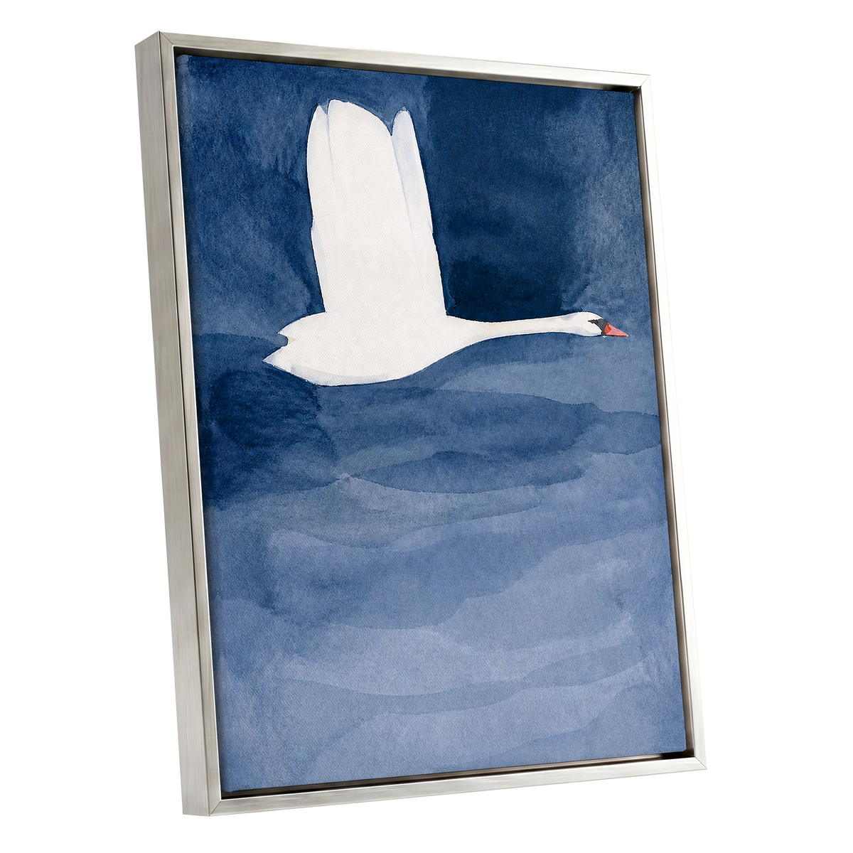 Swan in Blue Silence, blue, white, black nature wall art shown as a silver framed canvas wall art