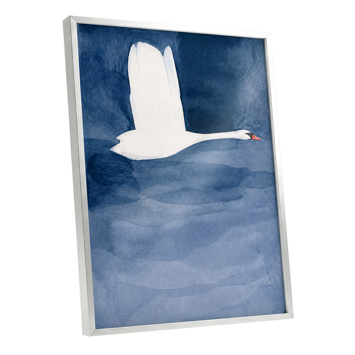 Swan in Blue Silence, blue, white, black nature wall art shown as a silver framed poster wall art print