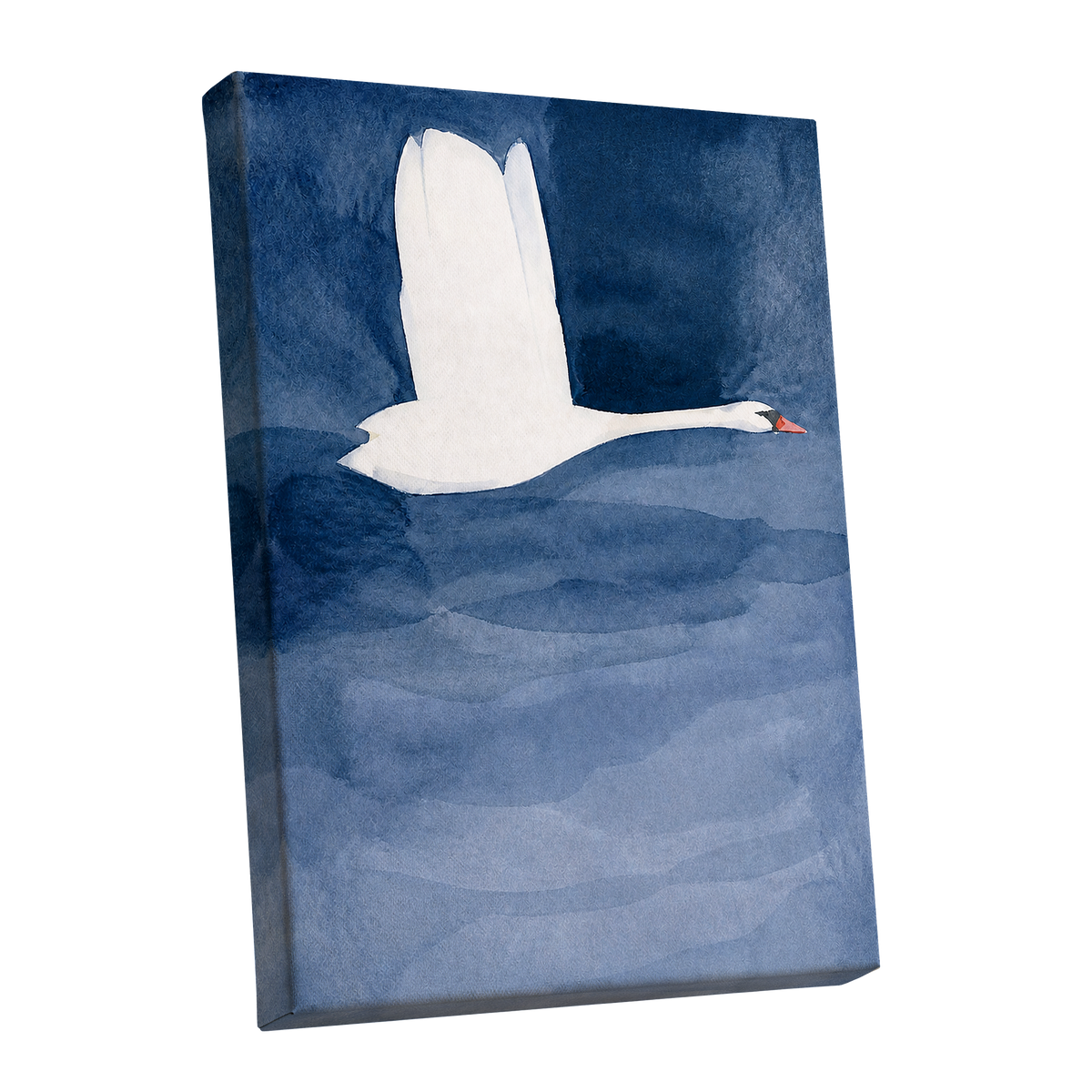 Swan in Blue Silence, blue, white, black nature wall art shown as a stretched canvas wall art