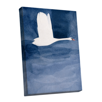 Swan in Blue Silence, blue, white, black nature wall art shown as a stretched canvas wall art
