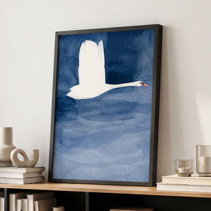 Swan in Blue Silence, blue, white, black nature wall art displayed in a styled interior, gallery view 2