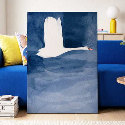 Swan in Blue Silence, blue, white, black nature wall art displayed in a styled interior, gallery view 3