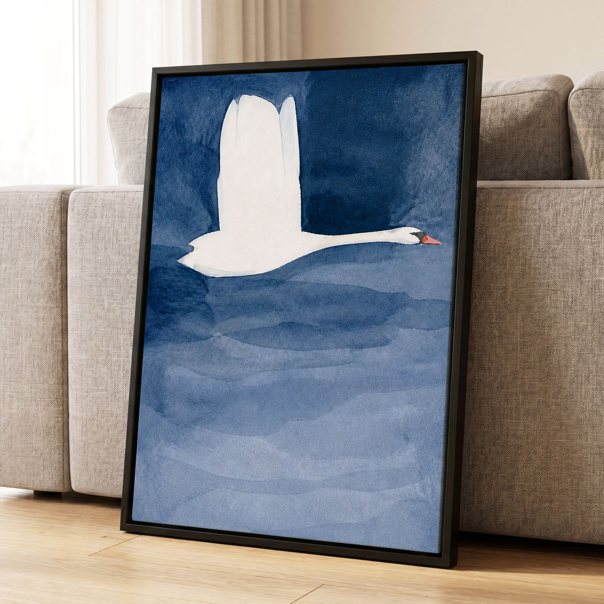 Swan in Blue Silence, blue, white, black nature wall art displayed in a styled interior, gallery view 4