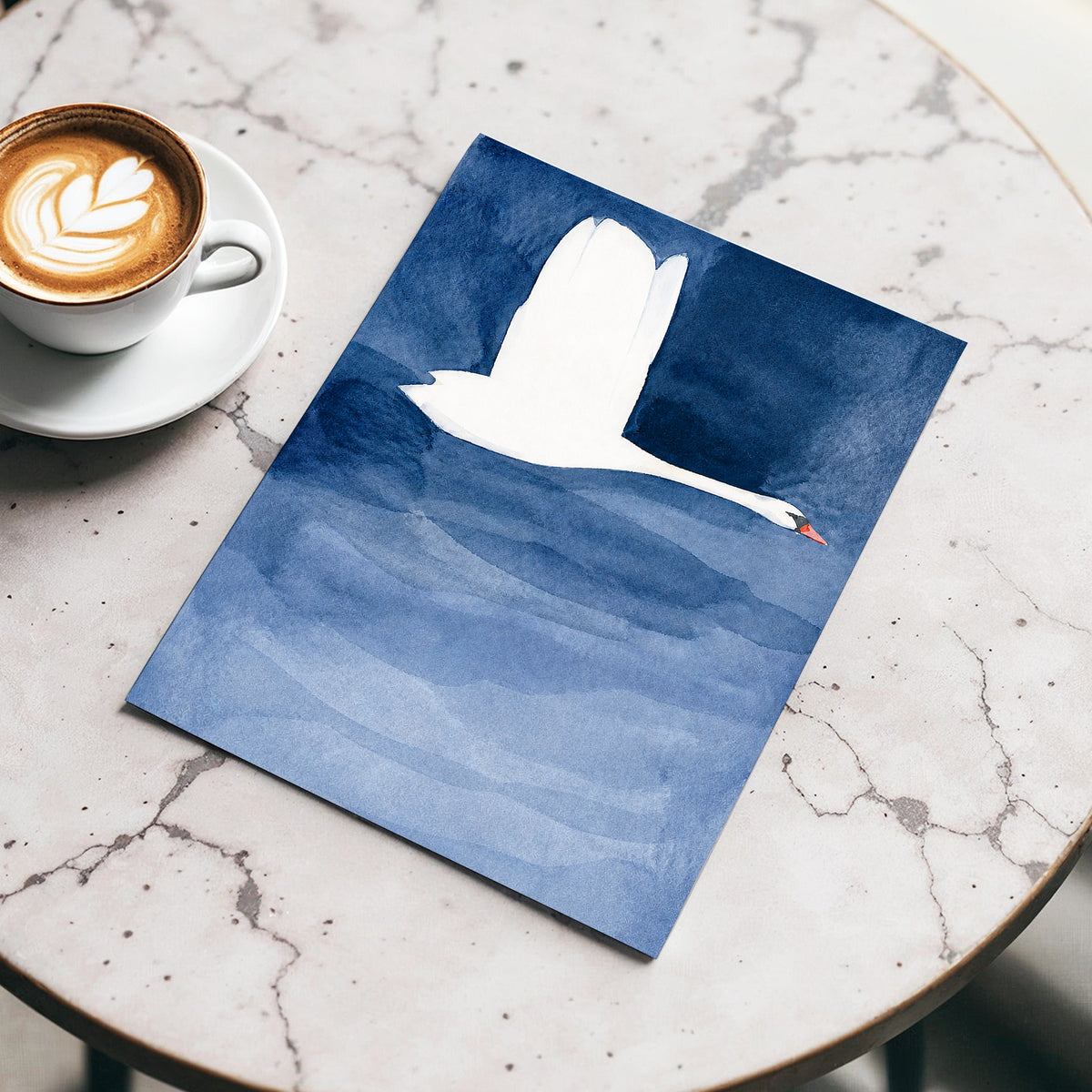 Swan in Blue Silence, blue, white, black nature wall art displayed in a styled interior, gallery view 5