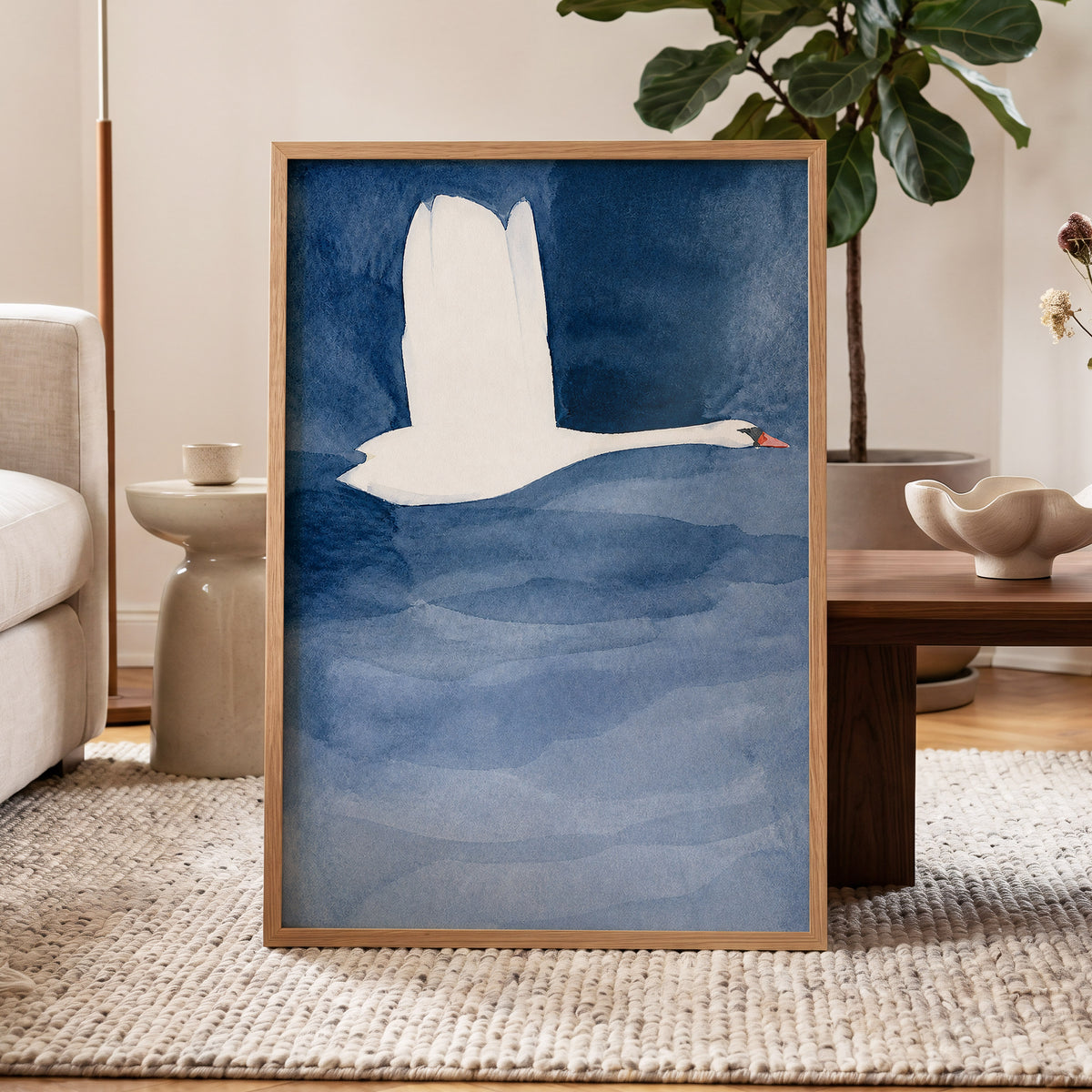 Swan in Blue Silence, blue, white, black nature wall art displayed in a styled interior, gallery view 6