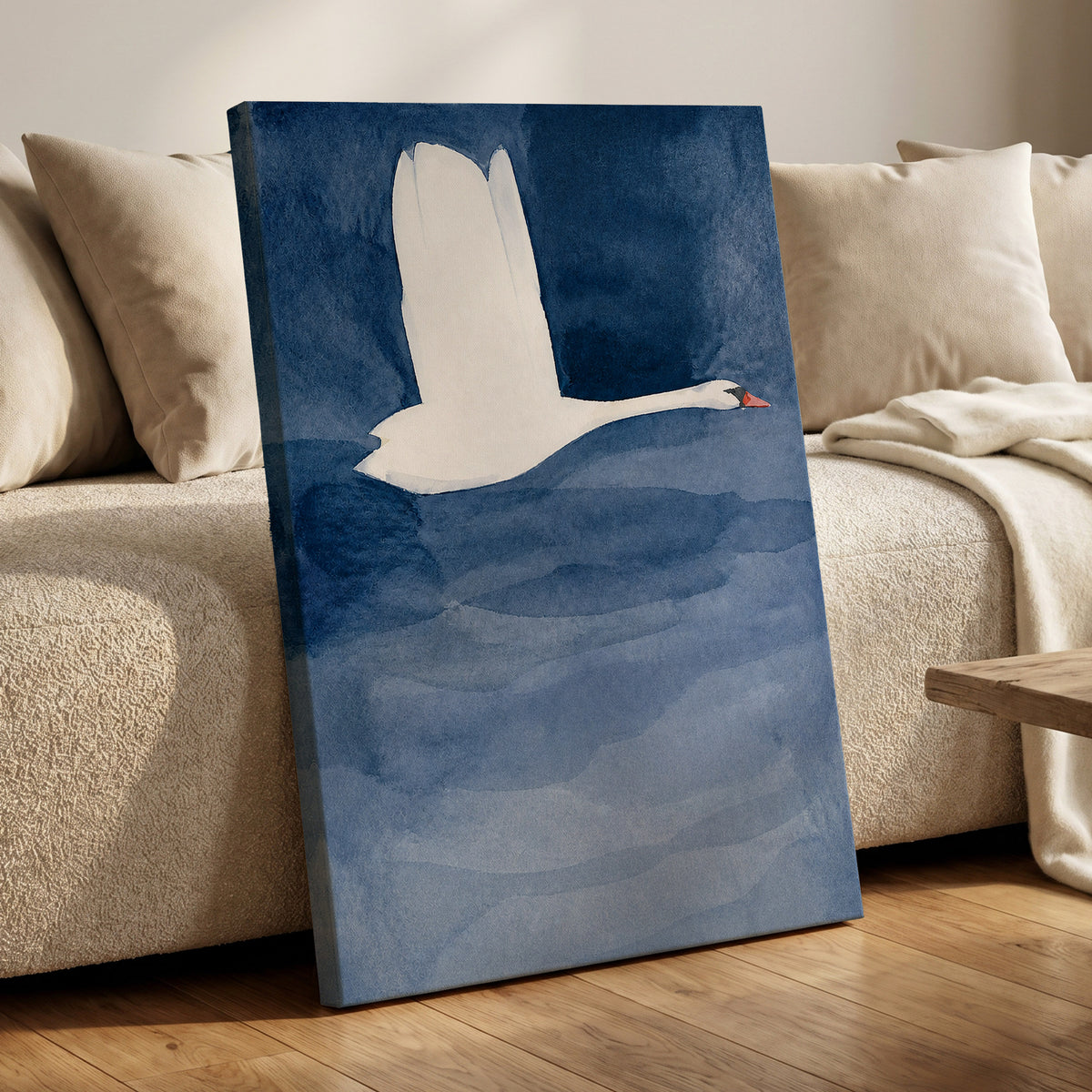 Swan in Blue Silence, blue, white, black nature wall art displayed in a styled interior, gallery view 7