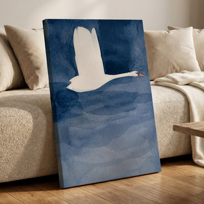 Swan in Blue Silence, blue, white, black nature wall art displayed in a styled interior, gallery view 7
