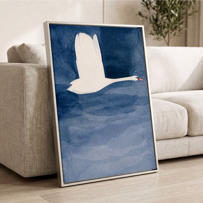 Swan in Blue Silence, blue, white, black nature wall art displayed in a styled interior, gallery view 8