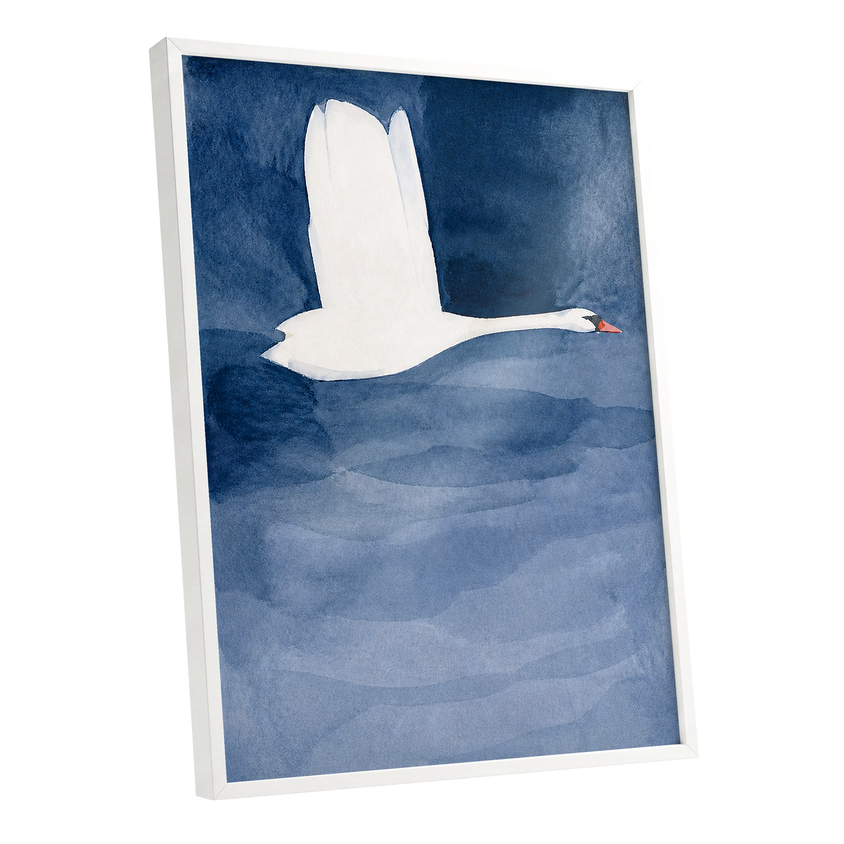 Swan in Blue Silence, blue, white, black nature wall art shown as a white framed poster wall art print