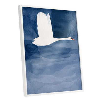 Swan in Blue Silence, blue, white, black nature wall art shown as a white framed poster wall art print