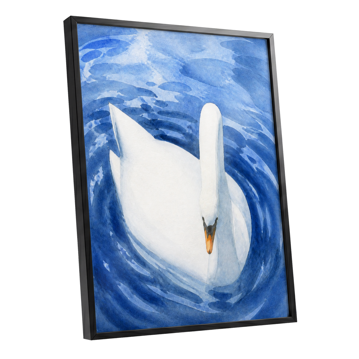 Swan in Sapphire, blue, white, orange nature wall art shown as a black framed poster wall art print