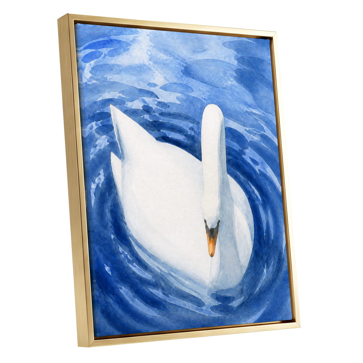 Swan in Sapphire, blue, white, orange nature wall art shown as a gold framed canvas wall art
