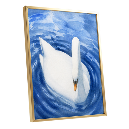 Swan in Sapphire, blue, white, orange nature wall art shown as a gold framed poster wall art print