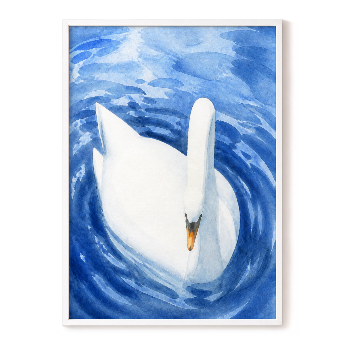 Swan in Sapphire, blue, white, orange nature wall art, front artwork view