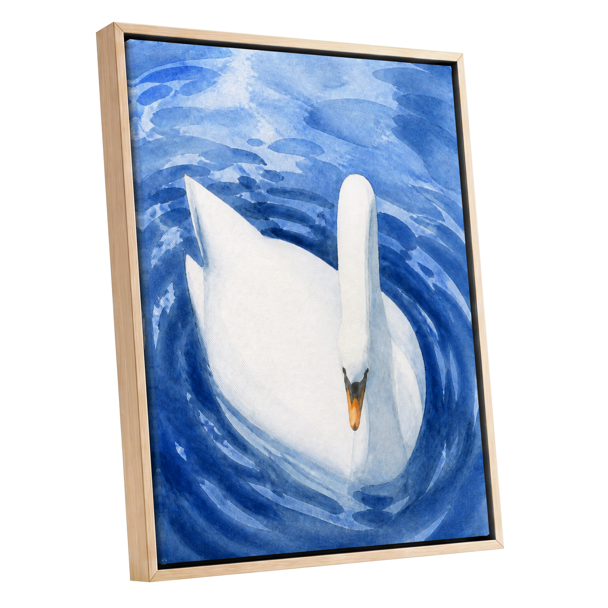 Swan in Sapphire, blue, white, orange nature wall art shown as a oak framed canvas wall art