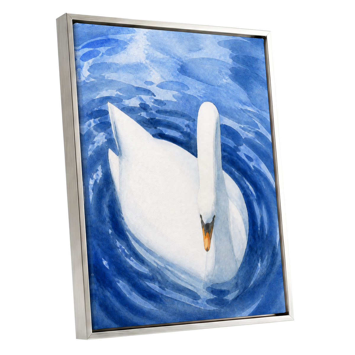 Swan in Sapphire, blue, white, orange nature wall art shown as a silver framed canvas wall art