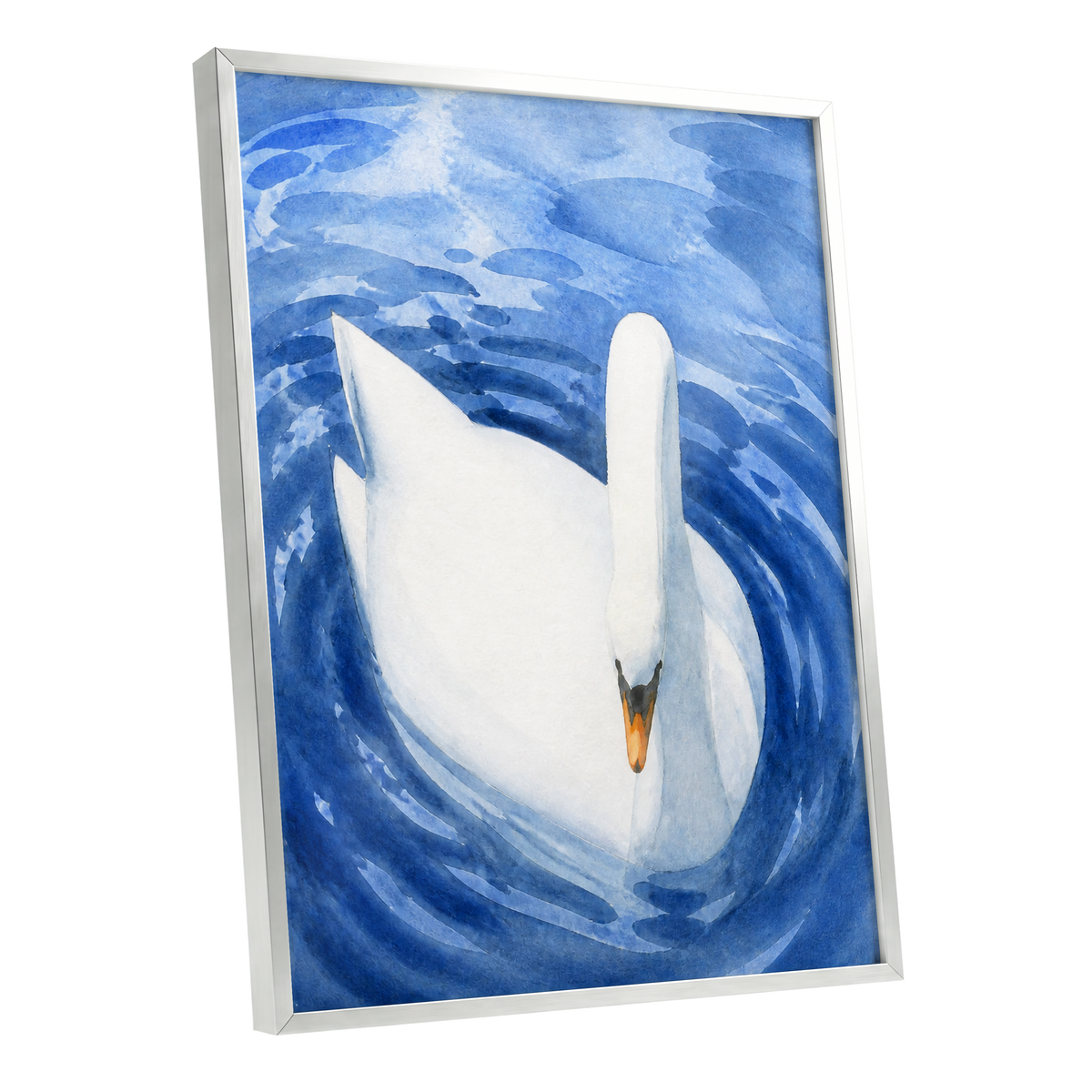 Swan in Sapphire, blue, white, orange nature wall art shown as a silver framed poster wall art print