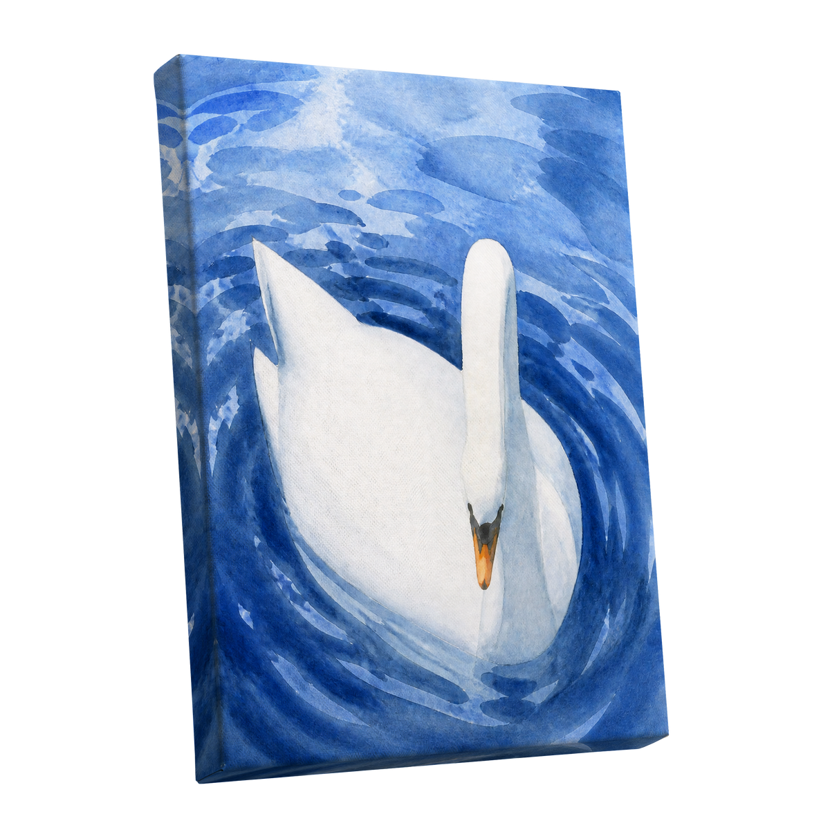 Swan in Sapphire, blue, white, orange nature wall art shown as a stretched canvas wall art