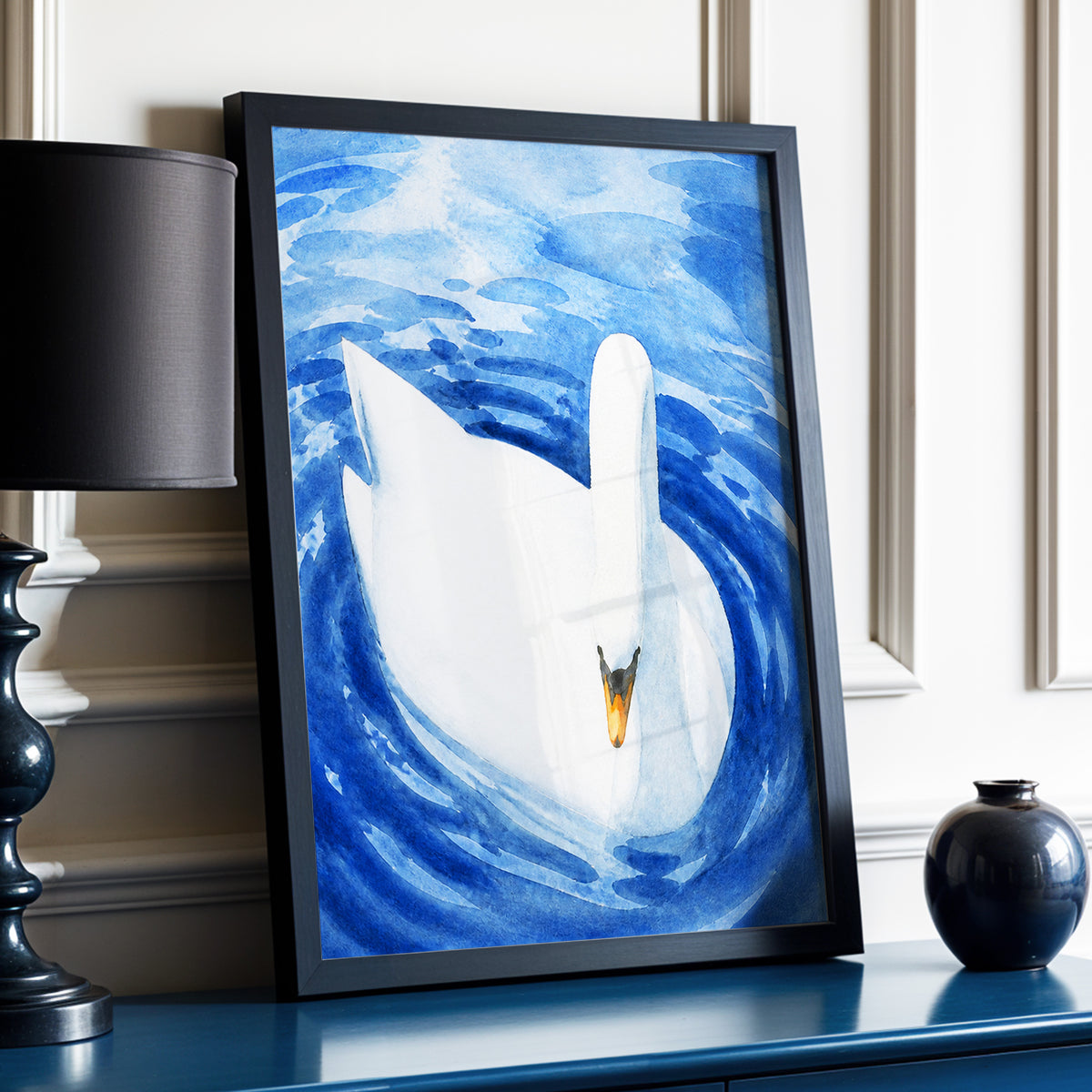 Swan in Sapphire, blue, white, orange nature wall art displayed in a styled interior, gallery view 2