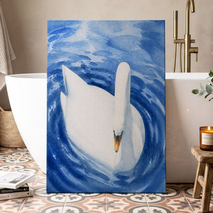 Swan in Sapphire, blue, white, orange nature wall art displayed in a styled interior, gallery view 3