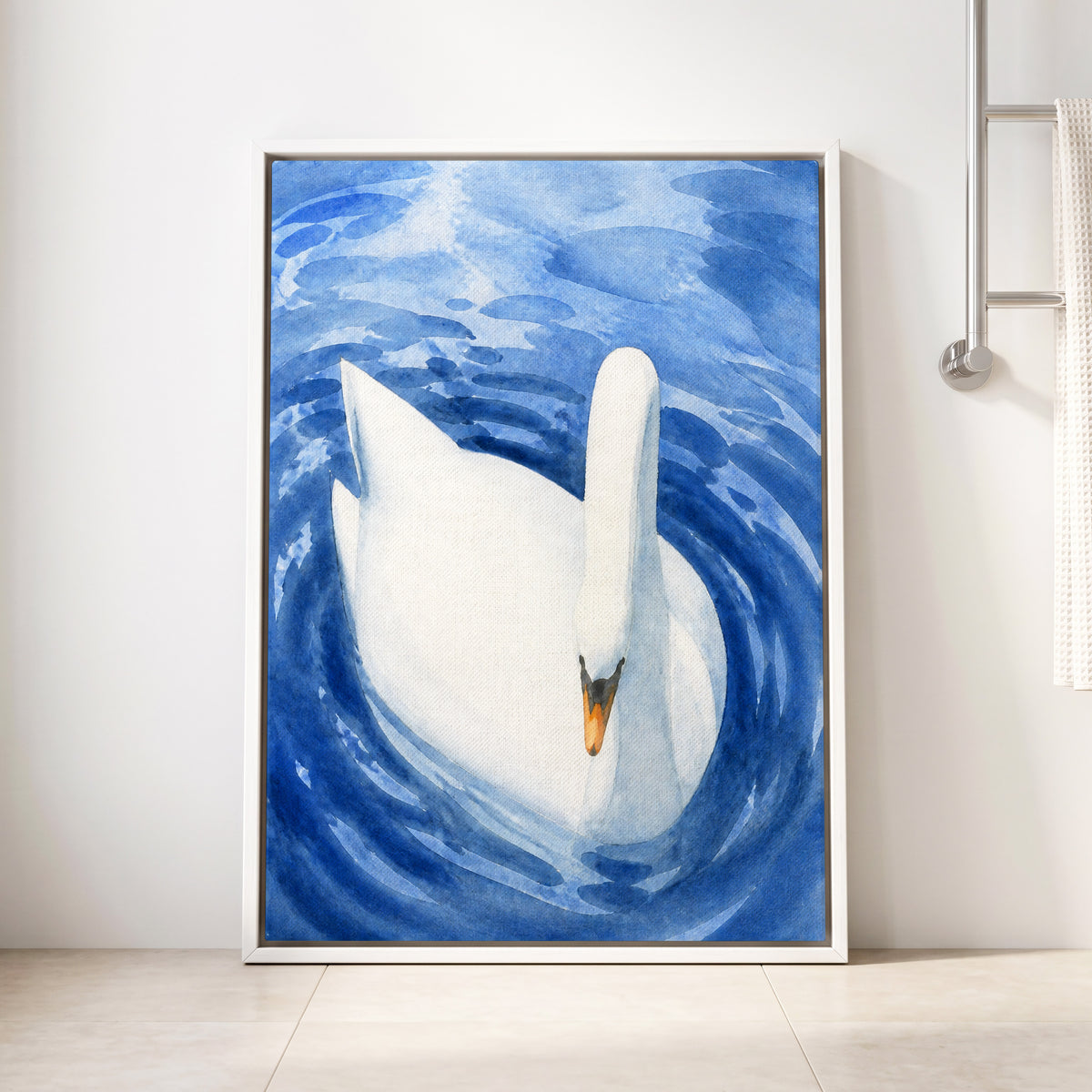 Swan in Sapphire, blue, white, orange nature wall art displayed in a styled interior, gallery view 4