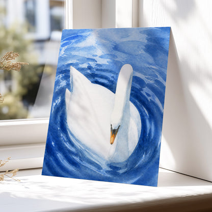 Swan in Sapphire, blue, white, orange nature wall art displayed in a styled interior, gallery view 5